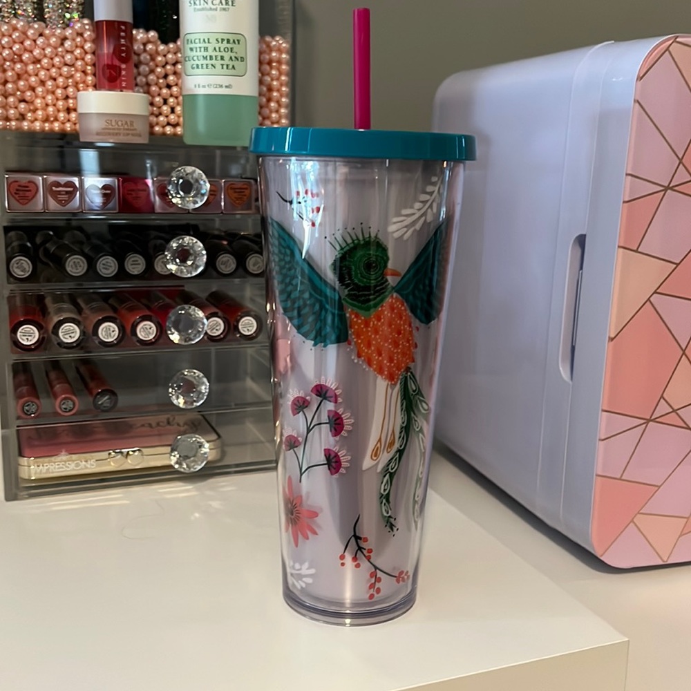 Starbucks, Tumblr 24 ounce cup with hummingbird and flowers pink straw